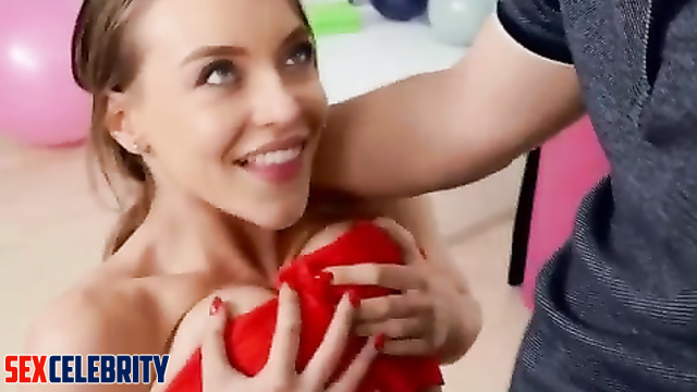 Busty ai blonde Sydney Sweeney gives a titfuck under her red top